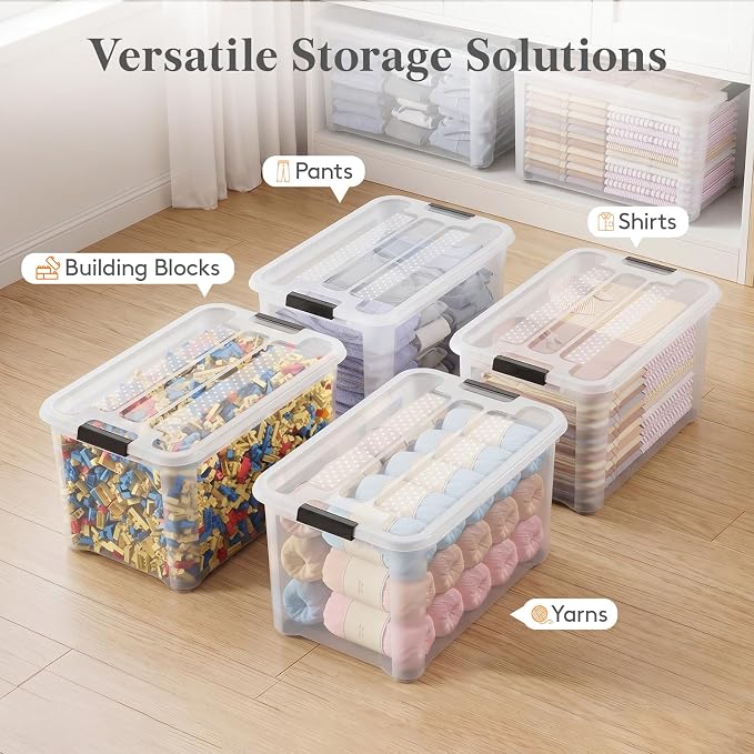 Lifewit 58Qt Storage Bins with Lids, Plastic Large Latches Boxes with Wheels, Clear Totes Tubs Container for Closet Organizers and Storage, Bedroom, Clothes, Craft, 4 Pcs
