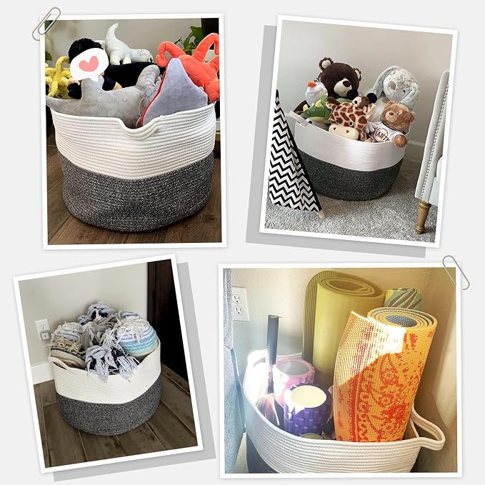 INDRESSME XXXLarge Woven Rope Blanket Basket Living Room, 90L | 21.7" x 13.8" Storage baskets for toys laundry & pillows. Fits living room, bedroom or nursery décor. Soft-touch with handles