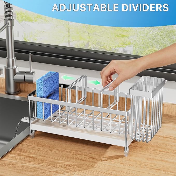 Cisily Sponge Holder for Kitchen Sink, Sink Caddy Organizer with High Brush Holder, Kitchen Countertop Organizers and Storage Essentials, Rustproof 304 Stainless Steel (Silver, 9.25″)