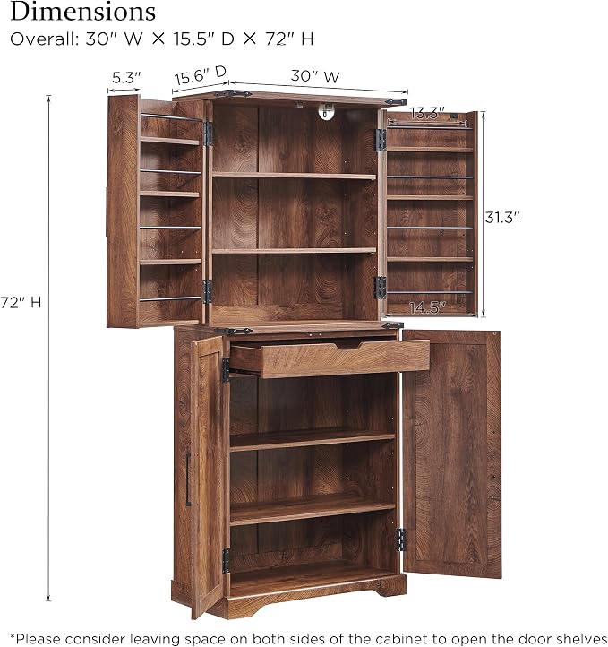 72" Tall Wooden Pantry Storage Cabinet with Door Shelves & Drawer | Farmhouse, Barn Doors, Adjustable Shelves, Freestanding, Anti-tip Kit, for Kitchen, Dining Room, Living Room