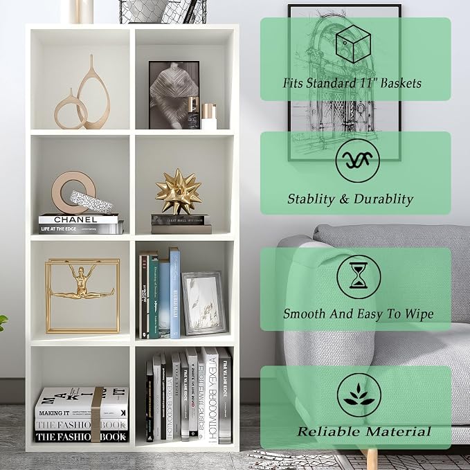 OSCHF 8-Cube Storage Shelf Bookcase, Warm White | Wooden 4-Tier Open Bookshelf, Fits 11×11" Bins, Vertical or Horizontal Use, Full Back Panels, For Home Office