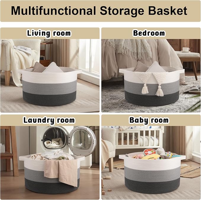 OIAHOMY 90L Extra Large Blanket Basket - Decorative Cotton Rope Storage Basket for Bedroom, Living Room & Nursery - Woven Laundry Hamper for Organizing Blankets, Clothes & Toys - Gardient Dark Grey