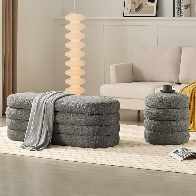 Busaurus Storage Ottoman Bench 49.2 Inch Upholstered Fabric Storage Bench for Bedroom End of Bed Aesthetic Large Oval Ottoman for Living Room(Grey)