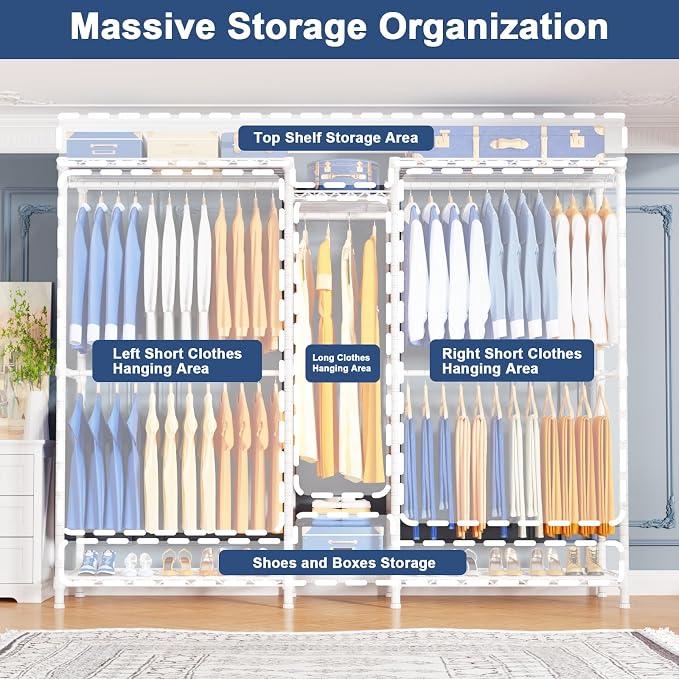 E12 Pro Clothes Rack，Heavy Duty Freestanding Garment Rack with Shelves，Metal Clothing Closet Storage System for Hanging Clothes，71" W x 16" D x 76.5" H, Hold 960 lbs，White