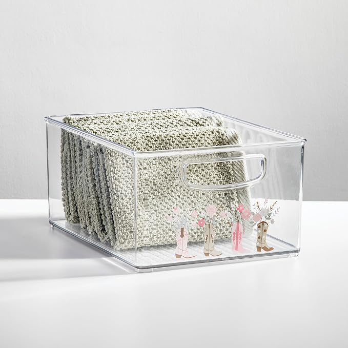 iDesign Bathroom Organizer Bin, Clear/Western | Decorative Print, Stackable, Plastic Storage Basket, For Makeup & Vanity Organization