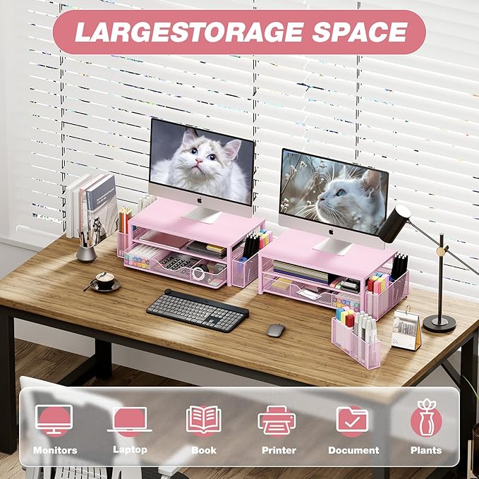 OPNICE Desk Organizer and Accessories, 2-Tier Computer Monitor Stand Riser with Drawer and 2 Pen Holders, Laptop Stand, Office Desk Accessories for Office Supplies, 1 Pack, Pink