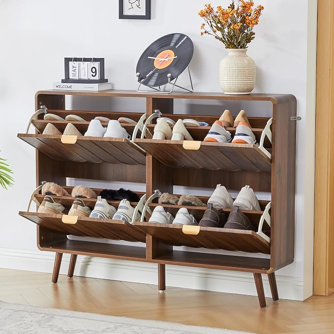 Shoe Storage Cabinet for Entryway with 4 Flip Drawers, Freestanding Narrow Wood Shoe Cabinet with Wave Panel, Hidden Shoe Organizer for Foyer, Hallway (Walnut)