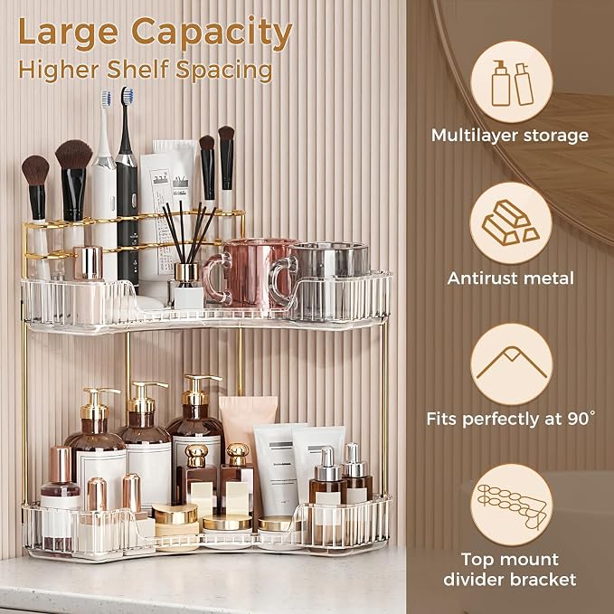 BEFSOP Corner Bathroom Counter Organizer, Upgraded 2-Tier Makeup Organizer Countertop with Makeup Brush Holder, Skincare Exquisite Vanity Organizers Countertop Bathroom Storage Dresser(CLEAR)