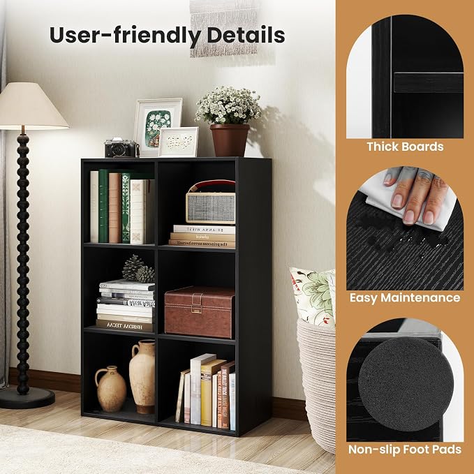 Giantex 6-Cube Bookcase, 3-Tier Cubby Bookshelf, Horizontal Vertical Display Rack with Anti-Tipping Kits, Modern Storage Organizer Shelf Unit for Bedroom, Living Room, Study Room, Black | Horizontal Vertical Display Rack with Anti-Tipping Kits, Modern ...