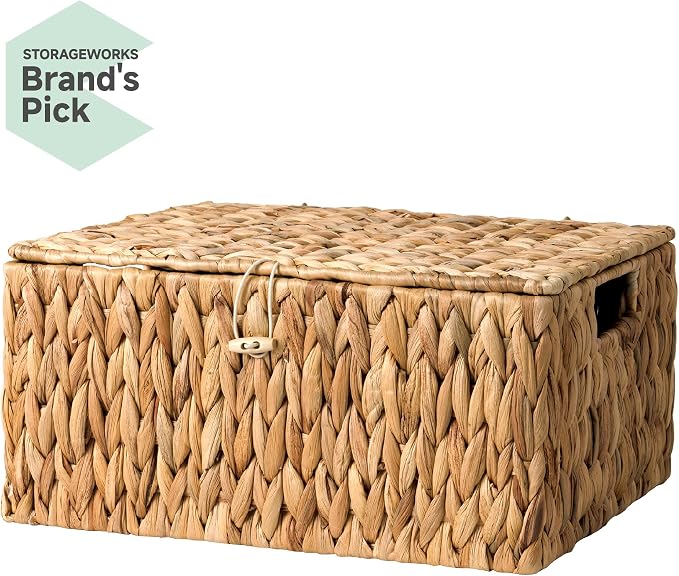 StorageWorks Large Water Hyacinth Baskets for Organizing, Wicker Basket with Lid for Shelves, Storage Basket with Lid and Built-in Handles, 1 Pack