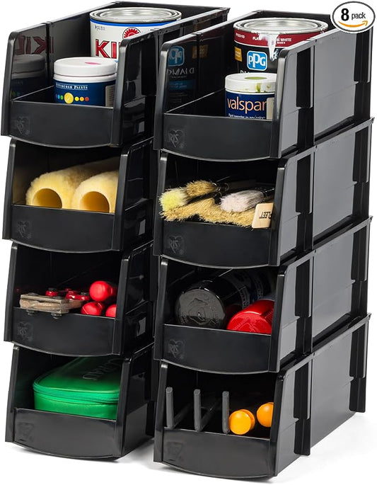 IRIS USA 8-Pack, Large Stackable Storage Bins, Black | Organize small parts, hardware, craft supplies, pantry items, and household essentials with open-front access, stackable bins