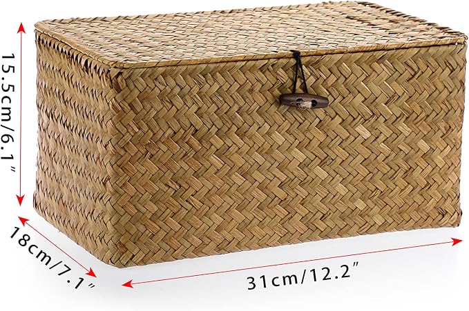 Hipiwe Wicker Shelf Baskets Bin Handwoven Seagrass Storage Basket with Lid | Rectangular Household Basket Boxes for Shelf Wardrobe Home Organizer, Caramel Medium