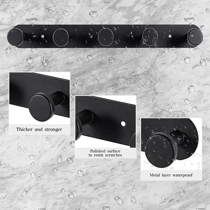 Coat Hooks Wall Mounted , Black Coat Rack with 5 Hooks, Adhesive Or Screw | Heavy Duty Coat Hanger Towel Hooks, 2 Install Options, For Towels, Coats, Hats, Bags, Bathroom, Kitchen, Door
