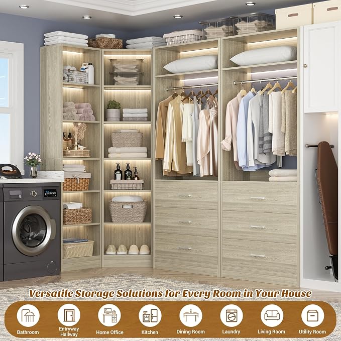 Besiost Closet System with 6 Drawers & 10 Shelves, Corner Closet Organizer System, Reversible Walk-in Closets, (L-Shaped 31.5" L * 31.5" W / I-Shaped 62.9" L * 15" W), Load 1500+LBS, White Oak