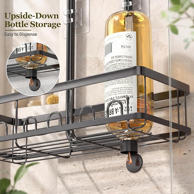 Skyapex Shower Caddy Hanging Over Shower Head, Adjustable, Black | Adjustable height fits tall bottles up to 18 inches; anti-sway design holds 40 lb; quick-drain steel; includes 2 soap trays.