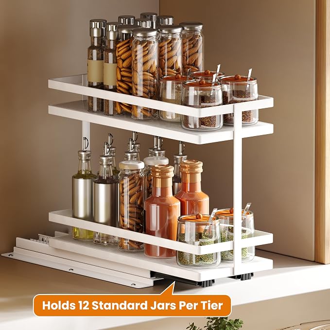 Pull Out Spice Rack 4Pcs Metal & Wood Seasoning Organizer White | No-Drill Install | Full-Extension Silent Glide | Each Tier Holds 10–12 Standard Spice Bottles | Rustproof, Wipe-Clean Surface