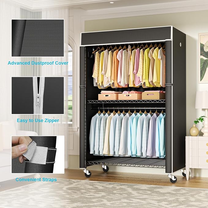 Black Clothing Rack with Black Cover, P1C Plus Rolling Closet | Metal Garment Rack with Wheels for Hanging Clothes, Portable Clothing Storage Wardrobe