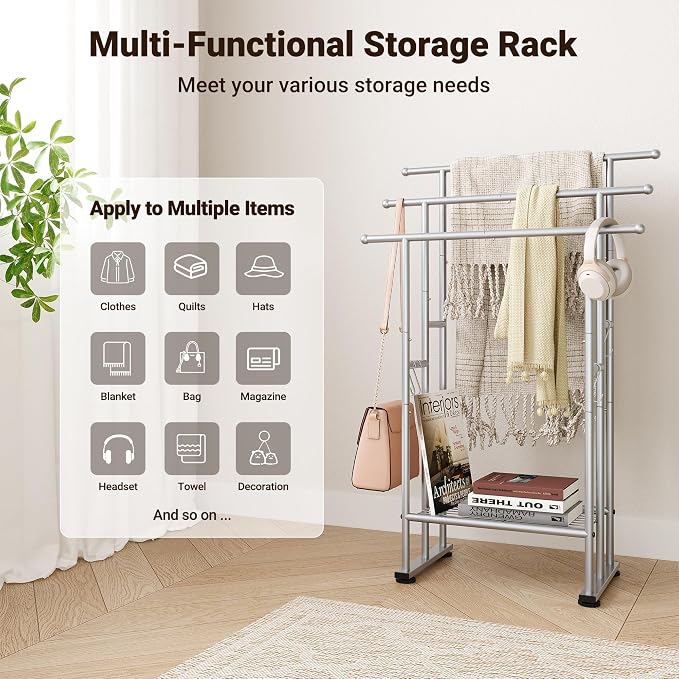 ELYKEN 3 Tier Freestanding Towel Rack with Shelf, 40" H Towel Stand, Silver | Metal Drying Rack for Oversized Bath Towels & Blankets, 4 Hooks, Indoor & Outdoor Use, Fits Bathroom, Tub, Shower, Poolside