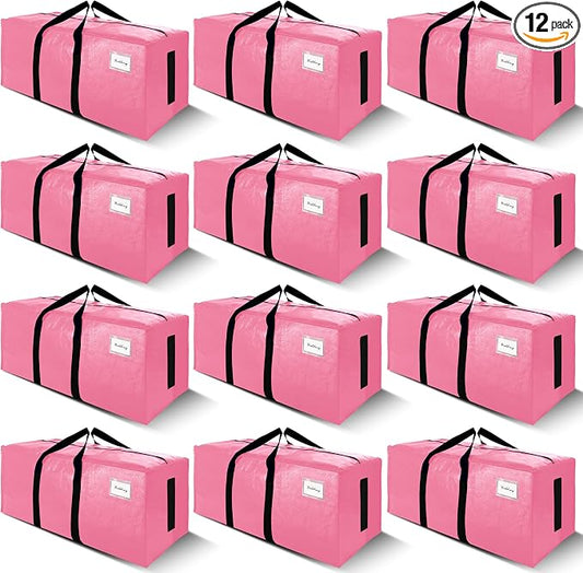 SWEET DOLPHIN 12 Pack 200LB Heavy-Duty Moving Bags with Wrap-Around Handles, Extra Large Storage Totes for Space Saving, Clothes Storage Bags, College Dorm Essentials, Pink, 24 Gal