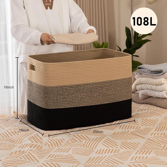 OIAHOMY 108L Super Large Blanket Basket, 25”x16”x16” Rectangle Woven Baskets for Storage, Cotton Rope Basket For Living Room, Toy Storage with Handle - Yellow Black