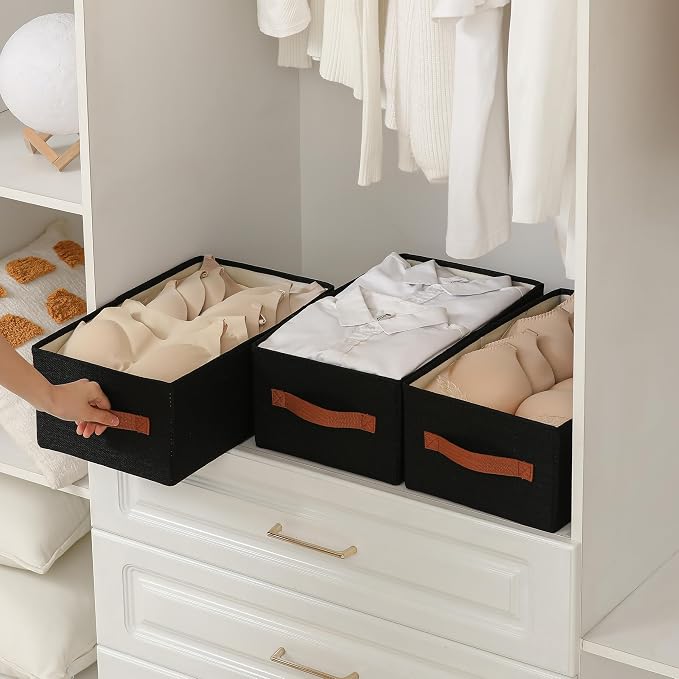 linen closet organizers and storage, 3 Pack Large Storage Baskets, Washable, Clothing Storage Bins with Handle, Closet Organizer for Storage Sweater,Sheets (Black, 16" x9½x6¾)