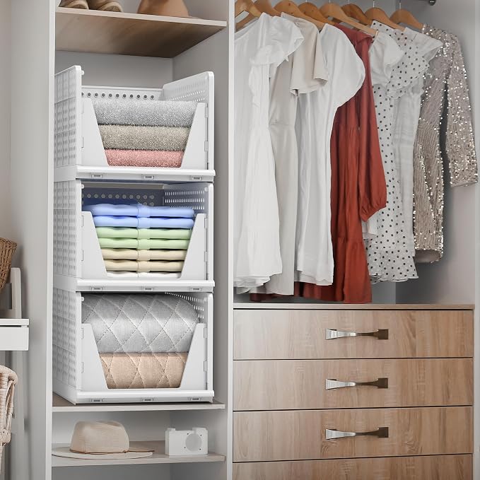 Sorbus 3 Pack Folding Closet Shelf Organizer for Clothes - Versatile Stackable Storage Baskets for Closet, Bathroom, Kitchen and Garage - Easy Access Open Front Design - Plastic Organizer Shelves