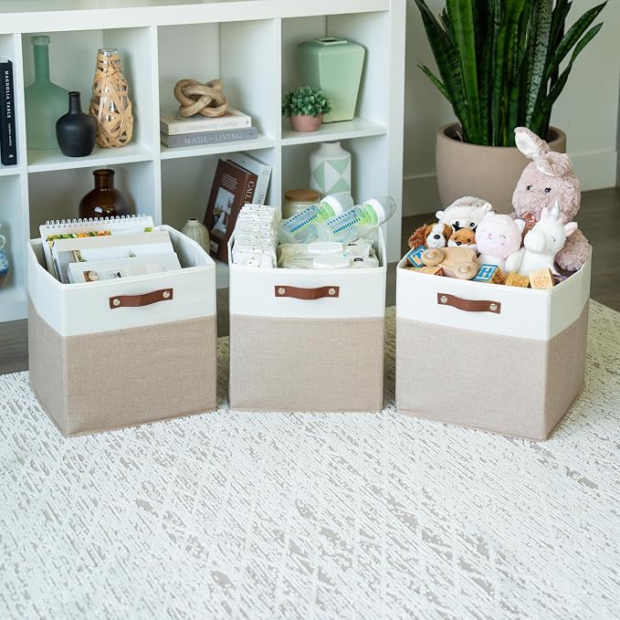 OrganiHaus 13x13 Cube Storage Bins, Set of 4 - Fabric Storage Cubes | Sturdy, holds its shape; odor-free; fits IKEA Kallax and Expedit; vegan leather handles