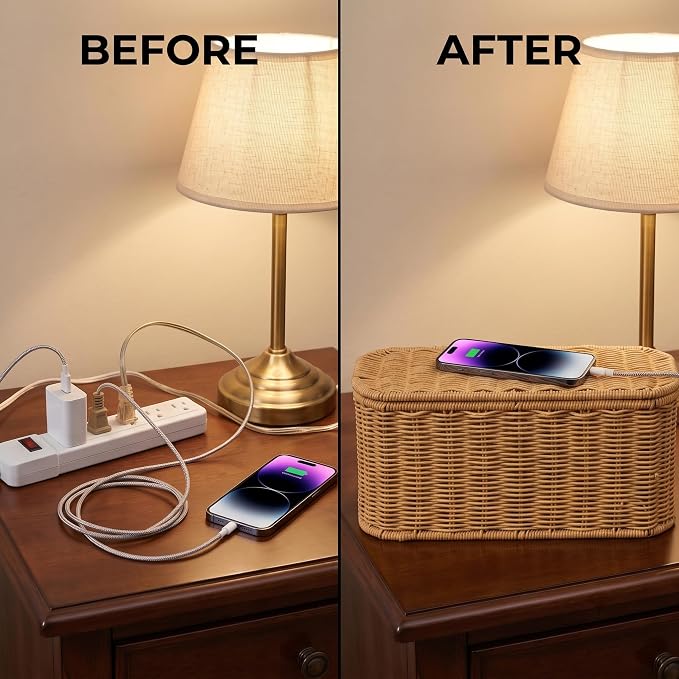 Rattan Cable Management Box, Cord Organizer to Hide Cords & Power Strip | Metal framed handwoven rattan, ventilated to dissipate heat. Octagonal design & dual rear cable slots, boho home office decor