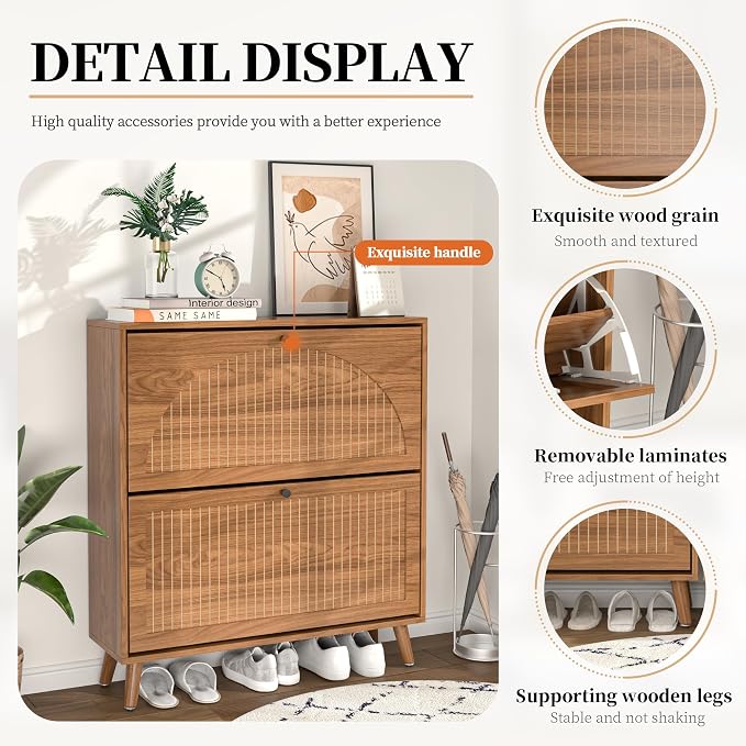 Fsbecl Shoe Storage Cabinet for Entryway with 2 Flip Drawers, Narrow Wood Shoe Cabinet with Fluted Panel, Freestanding Hidden Shoe Organizer for Hallway