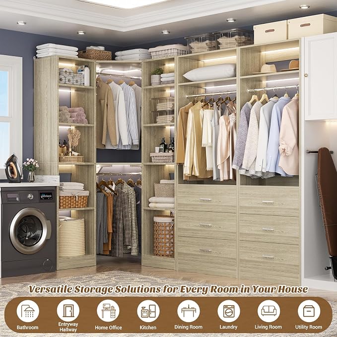 Besiost Corner Closet System with 6 Drawers, Closet Organizer System with 14 Shelves & 4 Hanging Rods, 87.2"L * 39.2"W / 63.2"L * 63.2"W Reversible L Shaped Walk-in Closets, Load 2500+LBS, White Oak