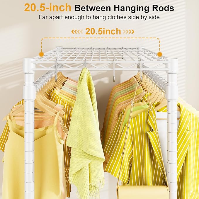 ULIFHOME P4 Rolling Clothes Rack, Clothing Racks for Hanging Clothes, White | Heavy Duty Garment Rack with Wheels, 2-Tier Free Standing Portable Closet Racks 35.5''W × 20.5''D × 80.5''H, Max Load 560Lbs