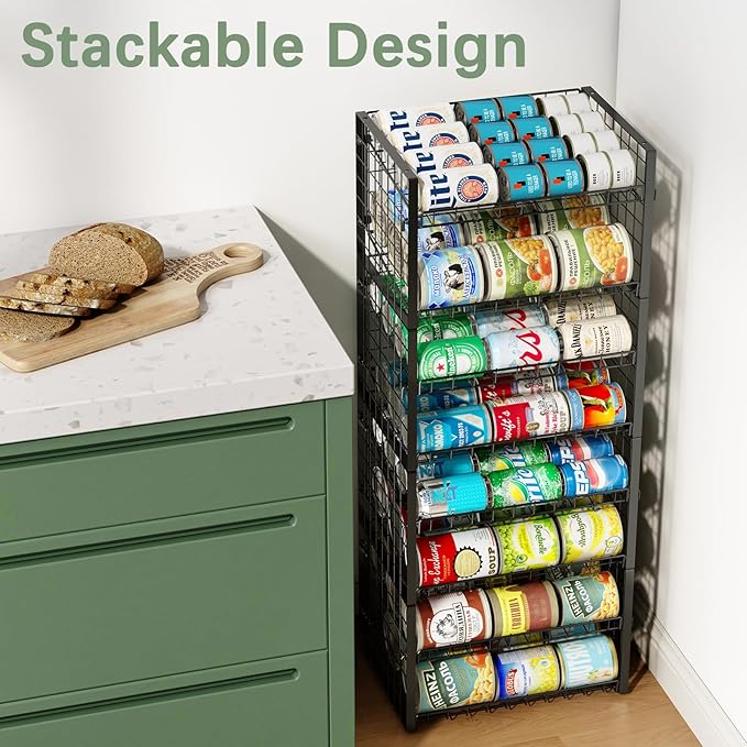 JKsmart 2-Tier Stackable Rack Organizer for Pantry, Adjustable Dispenser Holds Up to 88 Cans, Storage Holder for Various Ounces of Canned Drinks, Black, 3 Pack