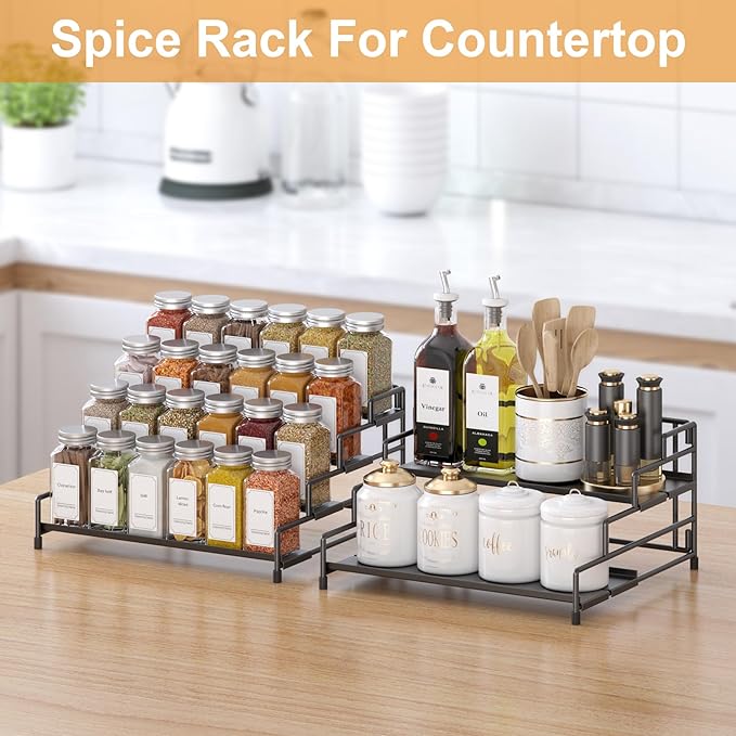 RUILALIFE 4-Tier-Spice-Rack-Organizer-for-Cabinet, Adjustable Depth Spice Holder Shelf For Countertop Pantry Cupboard, Metal Tiered Seasoning Organizer,Display Shelf Riser (Black-2 Pack)