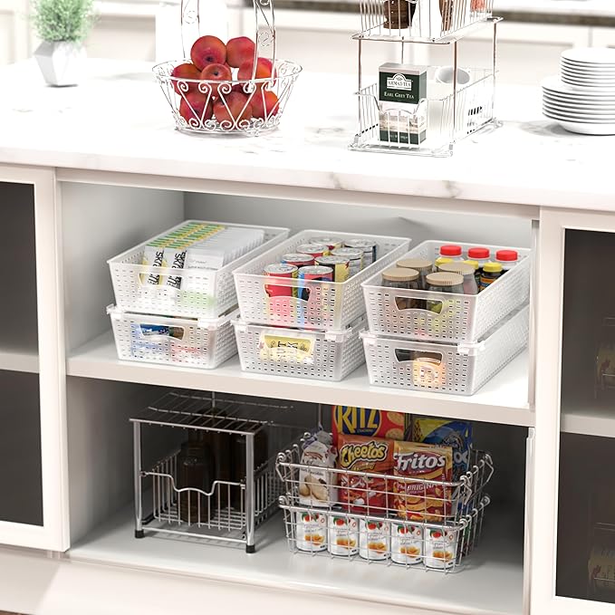 Simple Houseware Stackable Plastic Woven Basket Organizer, 6 Pack, Clear | 14.5" D x 8.5" W x 3.5" H