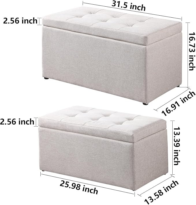 31.5'' Storage Ottomans Set of 2, Beige Tufted Fabric Bench Stool | 2.56" Thick Cushion, Sturdy for Adult Weight, Hinged Flip-top Safe Open, No Tools Assembly