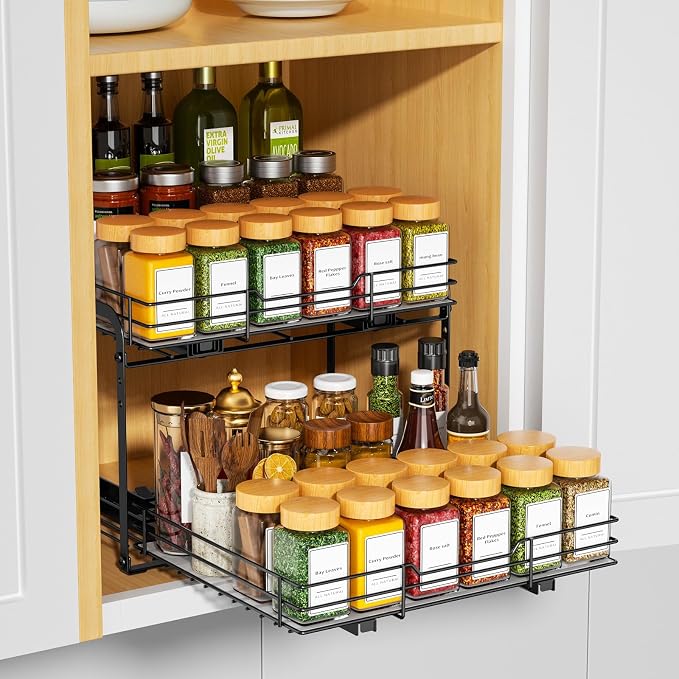 RCHYFEED 2 Tier Pull Out Spice Rack Organizer for Cabinet,11.5"Wx10.5Dx9.5H | Height Adjustable Spice Organization for Cabinet Metal Slide Out Spice Rack Heavy Duty Vertical Spice Rack for Cabinet,Pantry