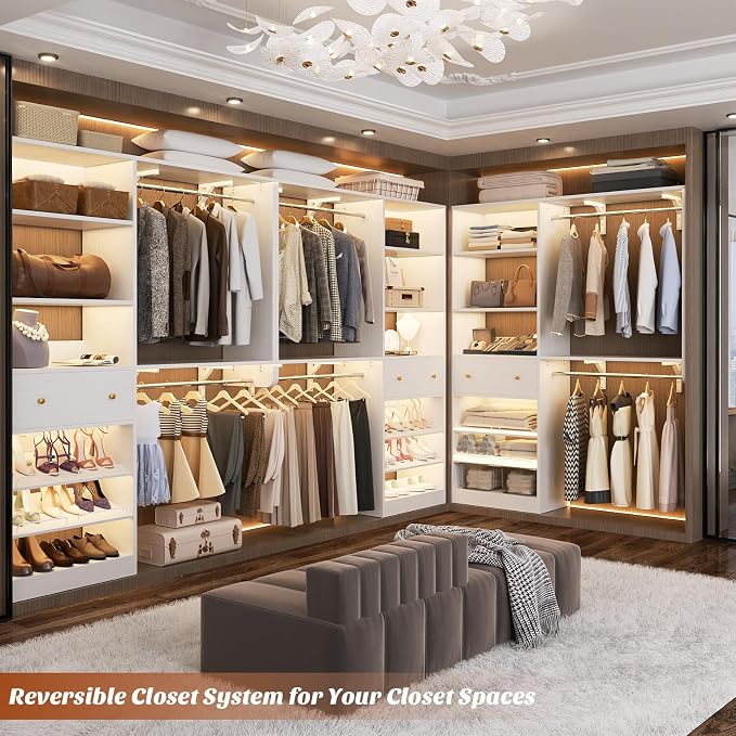 [10 FT Closet System] 120 Inch Reversible Set of 2 Wood Closet Organizer System with 2 Drawers, 4 Hanging Rods Adjustable Shelf, Walk In Closet Organizers with Shoe Rack, Garment Rack, White