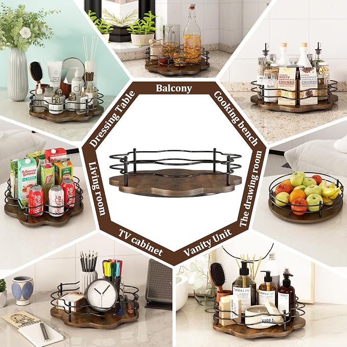 12" Lazy Susan Turntable Organizer,Round Wooden Lazy Susan Organization and Rotating Spice Rack for Dining Table,Pantry,Kitchen Countertop,Vanity,Cupboard and More.Heightened Version