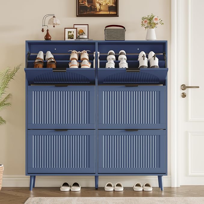 BORNOON Shoe Cabinet for Entryway with 6 Flip Drawers, Slim Wooden Shoe Storage Organizer with Modern Fluted Pannel，Freestanding Narrow Hidden Shoe Rack for Hallway, Foyer, Living Room