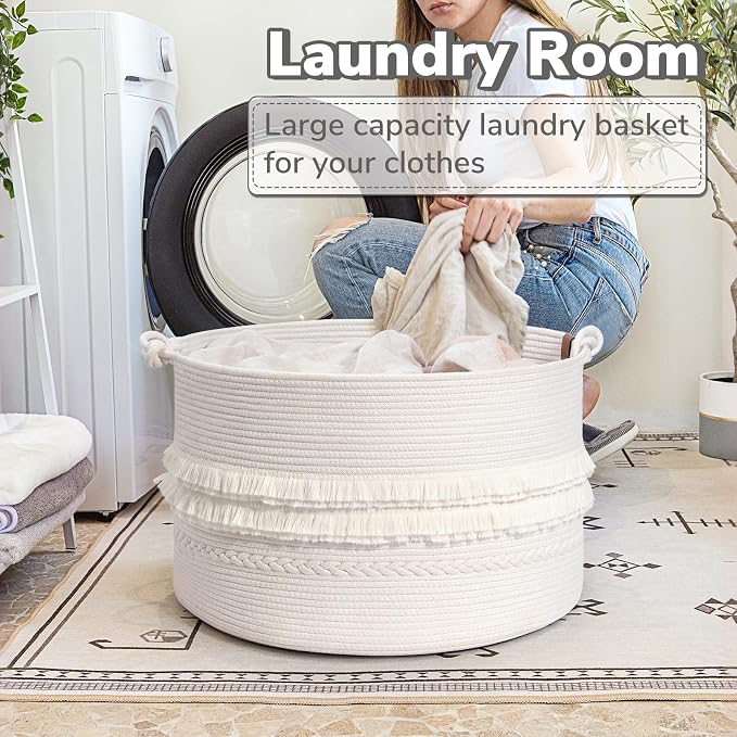CherryNow 90L Large Woven Rope Blanket Basket with Tassel, 22" x 14", White | Boho Basket for Toys, Clothes & Pillows Storage, Fits Bedroom Living Room Home Décor, Laundry Hamper with Knotted Handles