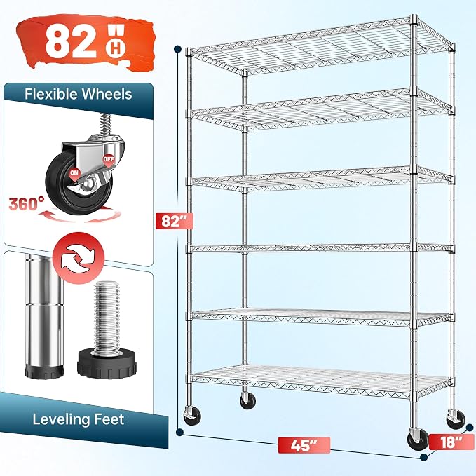 Romorgniz 6-Tier Rolling Storage Shelves with Locking Wheels, Garage Chrome | Heavy duty 6-tier wire shelving unit, 1200lbs capacity, Adjustable shelves, Rust-proof chrome, For pantry, kitchen, basement