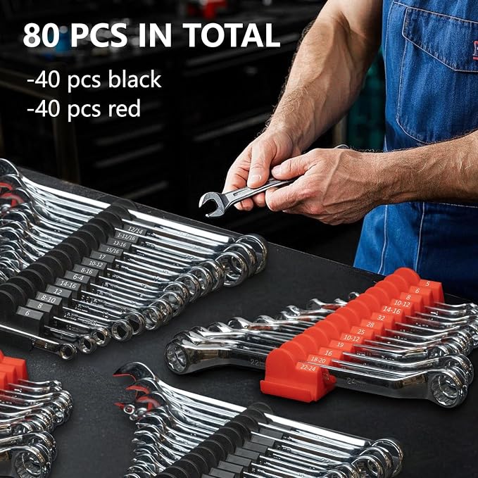 DEHOYI 80 pcs Modular Wrench Organizers for Tool Drawers - Wrench Rack with Metric & SAE Labels, Perfect Tool Storage Holder. Gift for father, brother and boyfriend (Without magnet)