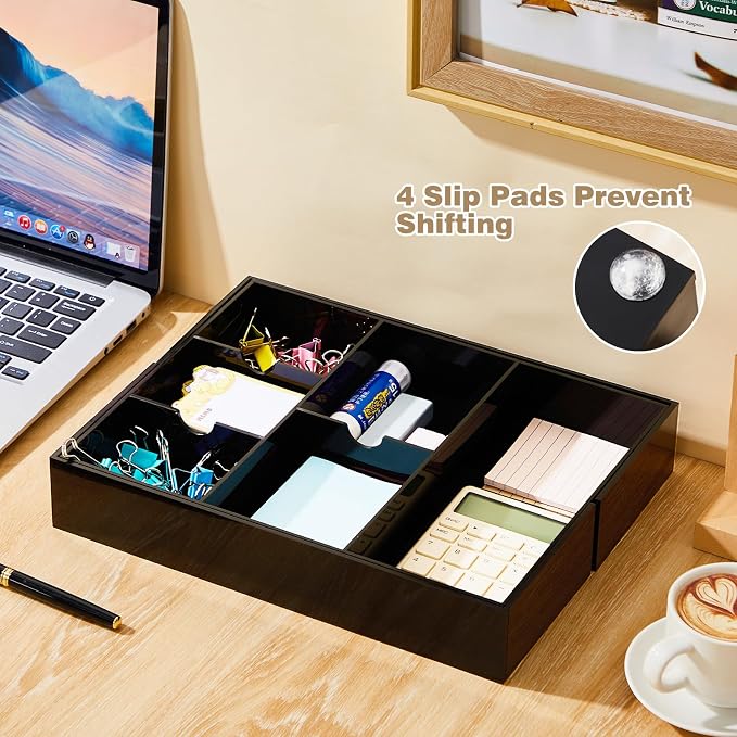 Briwooody Black Acrylic Drawer Organizer Expandable,8 Compartments,Large | 9'' up to 18'' x 12'' x 2.1'' Desk Drawer Organizer Trays Adjustable with Desk Accessories for Makeup Office Bathroom