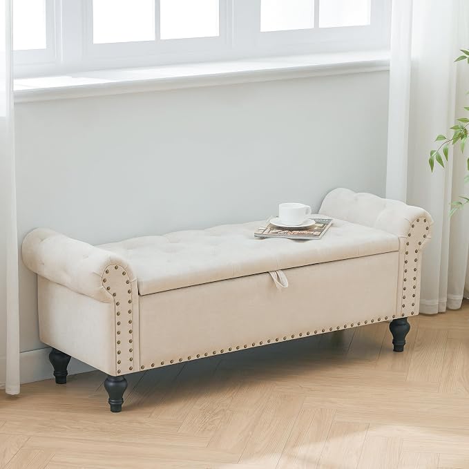 51" Storage Bench for Bedroom, Upholstered Ottoman Bench, Chenille Beige | End of Bed Bench for Bedroom, Window Benches for Living Room, Entryway, Ottoman with Large Storage Space, Pet Friendly
