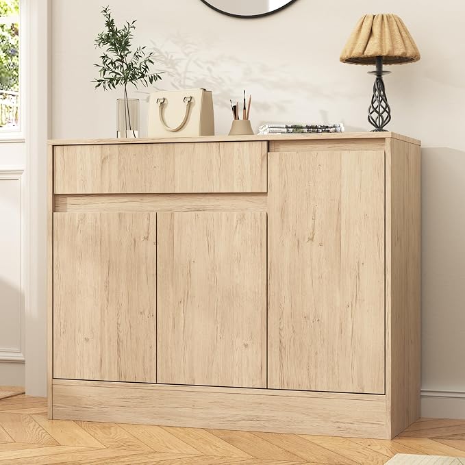 Housoul 39.4" W Shoe Storage Cabinet with 3 Doors & Drawer, Natural | Freestanding Modern Shoe Cabinet with Drawer & Adjustable Shelves, Wooden Shoe Organizer Cabinet for Entryway, Hallway
