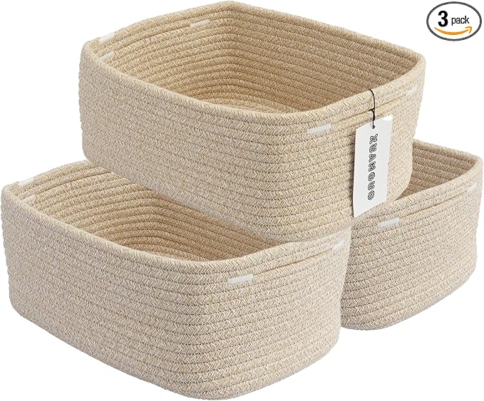 XUANGUO Small Woven Storage Baskets for Shelves, 12" x 8" x 5", Oatmeal | Decorative rope storage bins for closets and toy storage; cute organizer baskets, empty gift baskets and nursery storage.