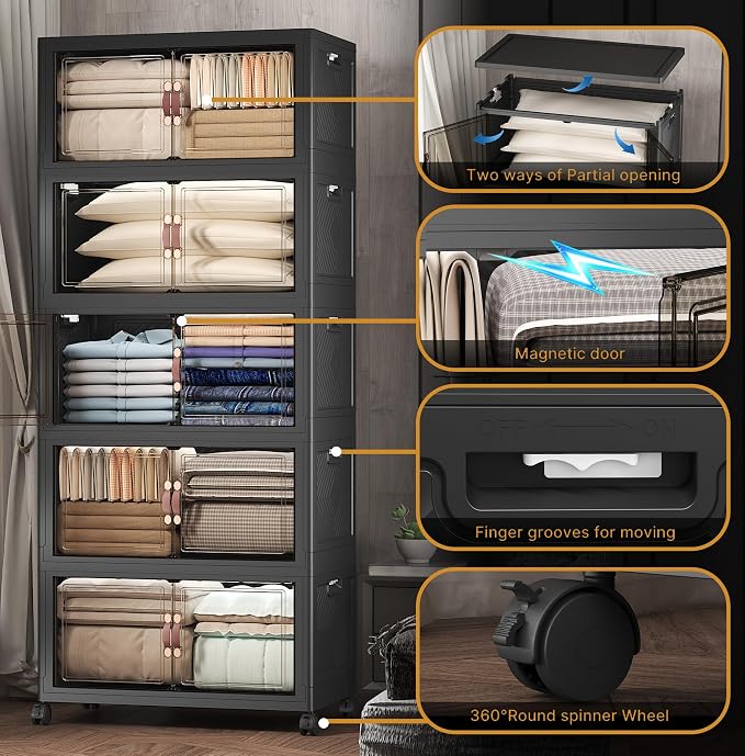 Stackable Storage Bins with Lids, 840QT Closet Organizers and Storage Cabinet with Doors & Wheels, Lockable Plastic Foldable Drawers for Bedroom Dorm Office Garage（168QT*5,Black）