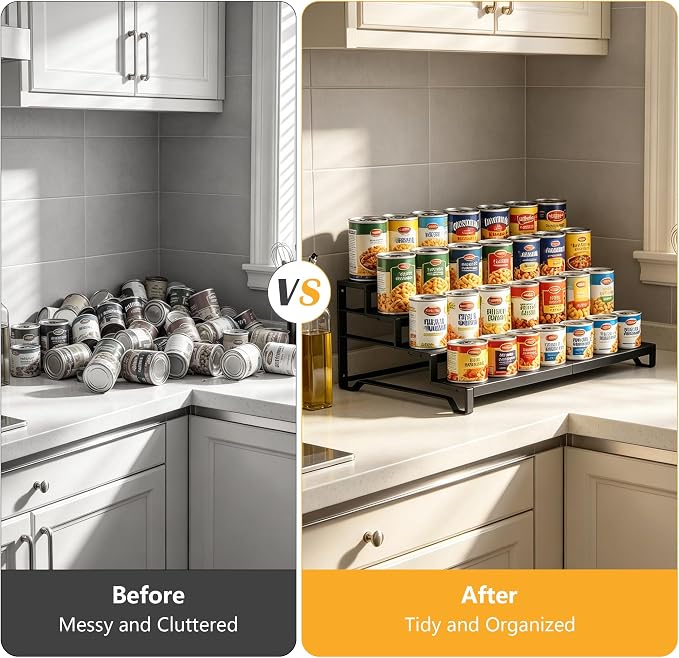 Expandable Can Organizer for Pantry, 4 Tier Metal Canned Food Storage 2Pack | 13"-21" Adjustable Length, Tiered Reversible Shelf Design, Large-Capacity Storage for Kitchen Cabinets & Countertops