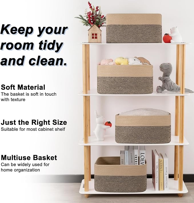 4 Pack Storage Baskets for Organizing, Woven Baskets for Shelves - Perfect for Toys, Books, Towels, and Clothes, Durable Gift Basket Bins Toy Storage, 15.7''Lx11.8''Wx7.8''H, Black and Brown