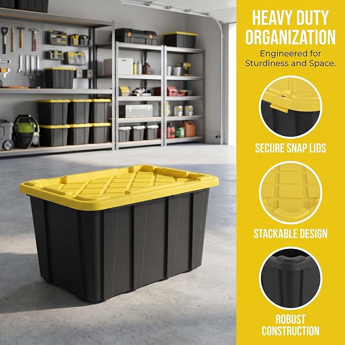 6 Pack 27 Gallon Heavy Duty Storage Bins with Snap Lids, Durable Plastic Storage Totes with Stackable Black Containers & Yellow Latching Covers for Home Garage Moving Organization
